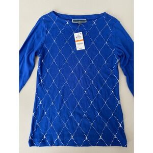 Karen Scott‎ Petite Small Top Blue Argyle Long Sleeve Knit Sweater Tee